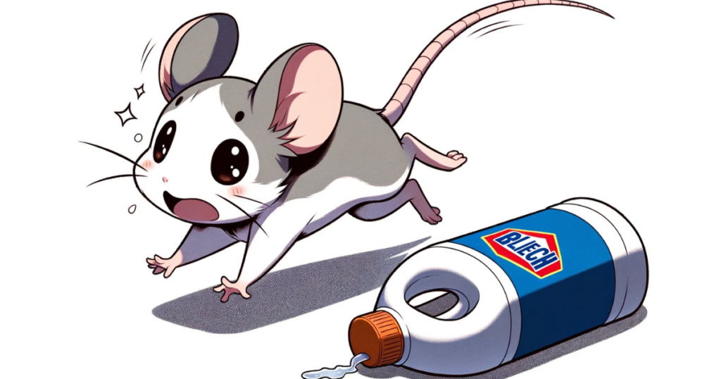 Mouse running away from bleach